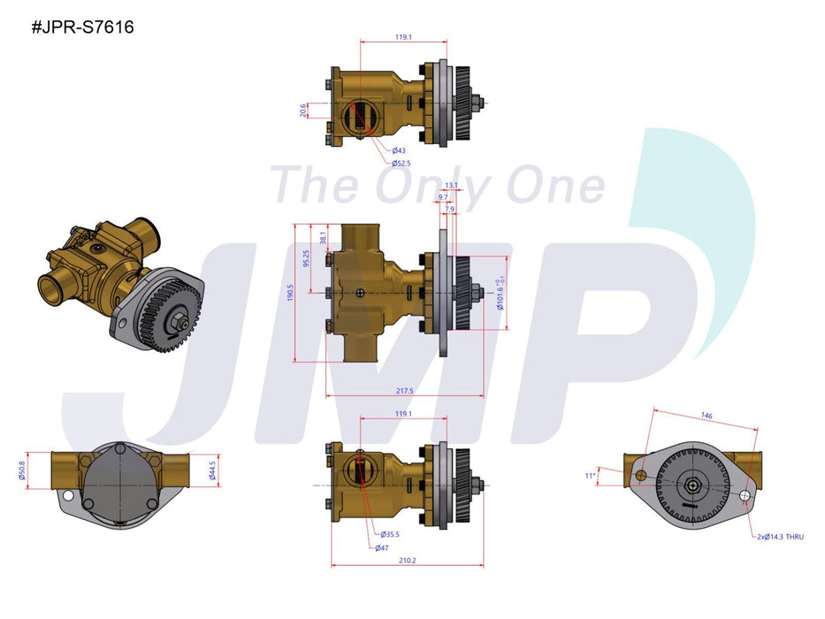 Cummins 6BT 5.9 Seawater Pump P1716 11° OFFSET JMP JPR-S7616
