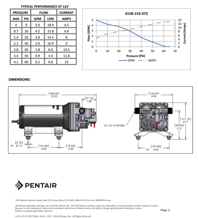 12V SHURflo PRESS PUMP 19LPM DIAPHRAGM "AQUAKING II SUPREME"