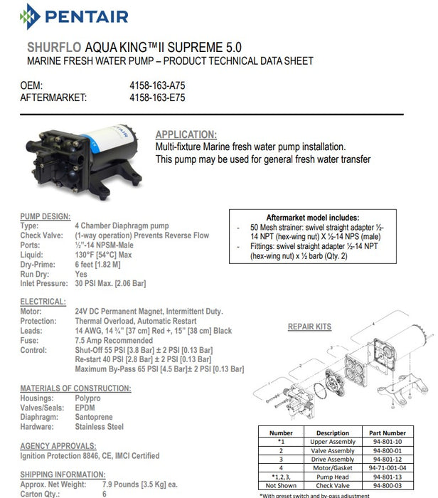 24V SHURflo PRESS PUMP 19LPM DIAPHRAGM "AQUAKING II SUPREME"