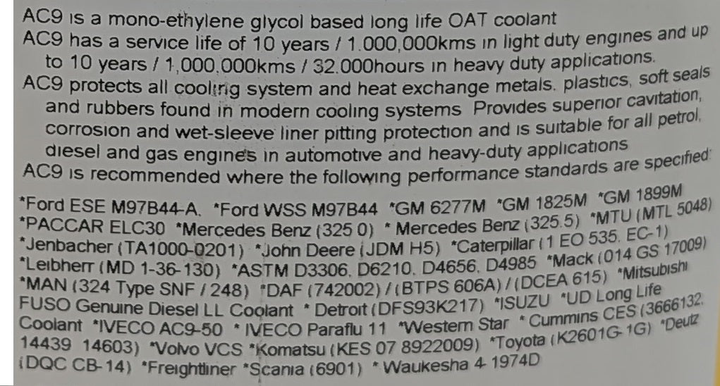 Yellow Marine Coolant AC9-50 VCS (Volvo Spec) PREMIX 20 Litre