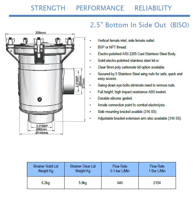 2″ Seawater Strainer (Bottom In Side Out) Stainless Steel 2205
