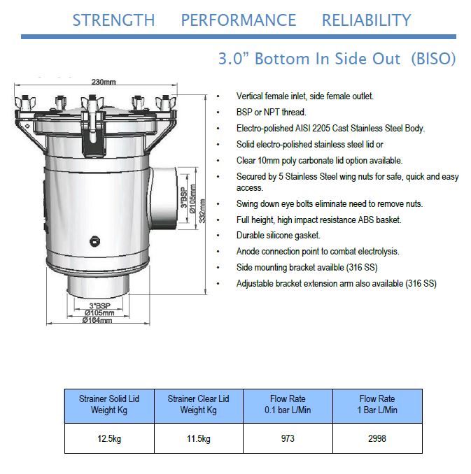 3" Seawater Strainer (Bottom In Side Out) Stainless Steel 2205