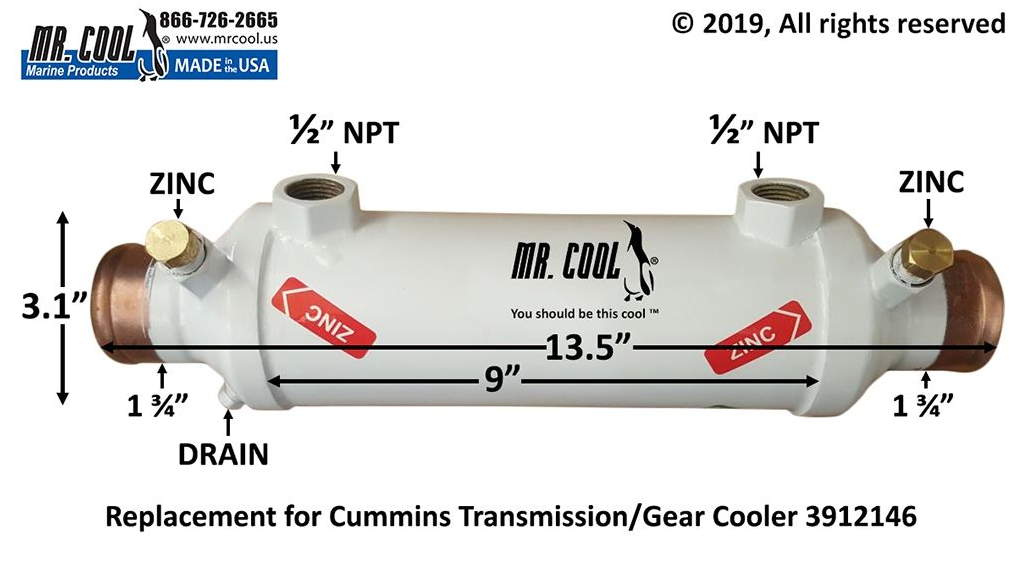 CUMMINS 6CTA 8.3 Transmission Gear Oil Cooler 3912146CN 3" X 9" Replacement