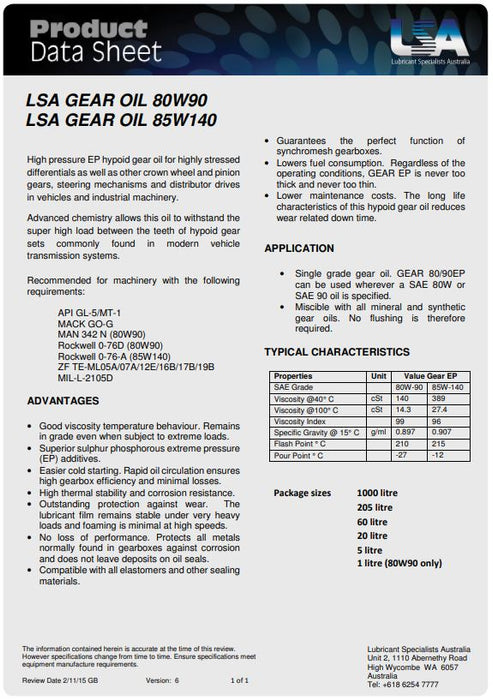 SN 80w90 Premium Australian Gear Oil 1 Litre