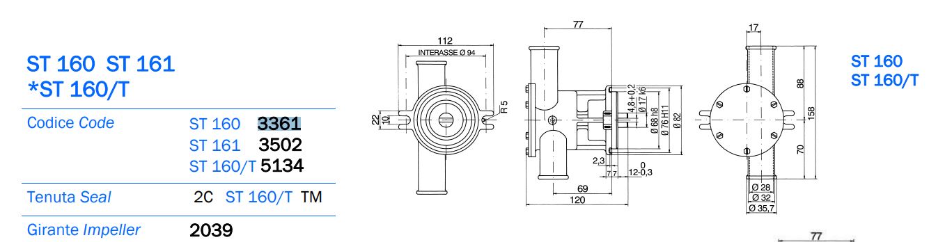 Volvo Penta Seawater Pump Replacement 31, 32, 42, 43 Series 3583095, 3583115 AN 3361