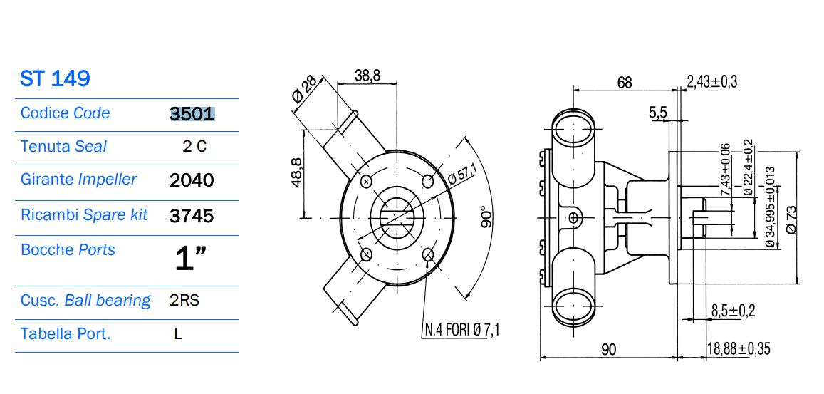 Perkins, Volvo Penta MD22 Seawater Pump (29500-1001, 23340-1001) Iveco, Nanni AN 3501