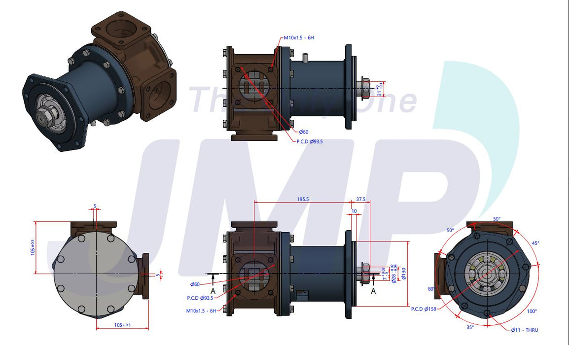 Mitsubishi S6R, S6R2 Seawater Pump 37553-28100 Replacement JPR-MD65LF2 ( Cam less)